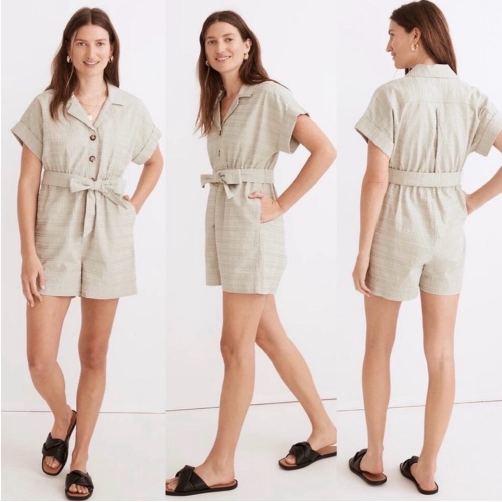 Madewell Light Sage Green Short Sleeve Belted Camp Romper